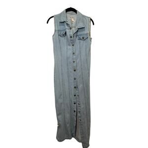 Vintage 90s Paris Blues Denim Maxi Dress — Size 5 XS Fit Y2K Button Up Grunge
